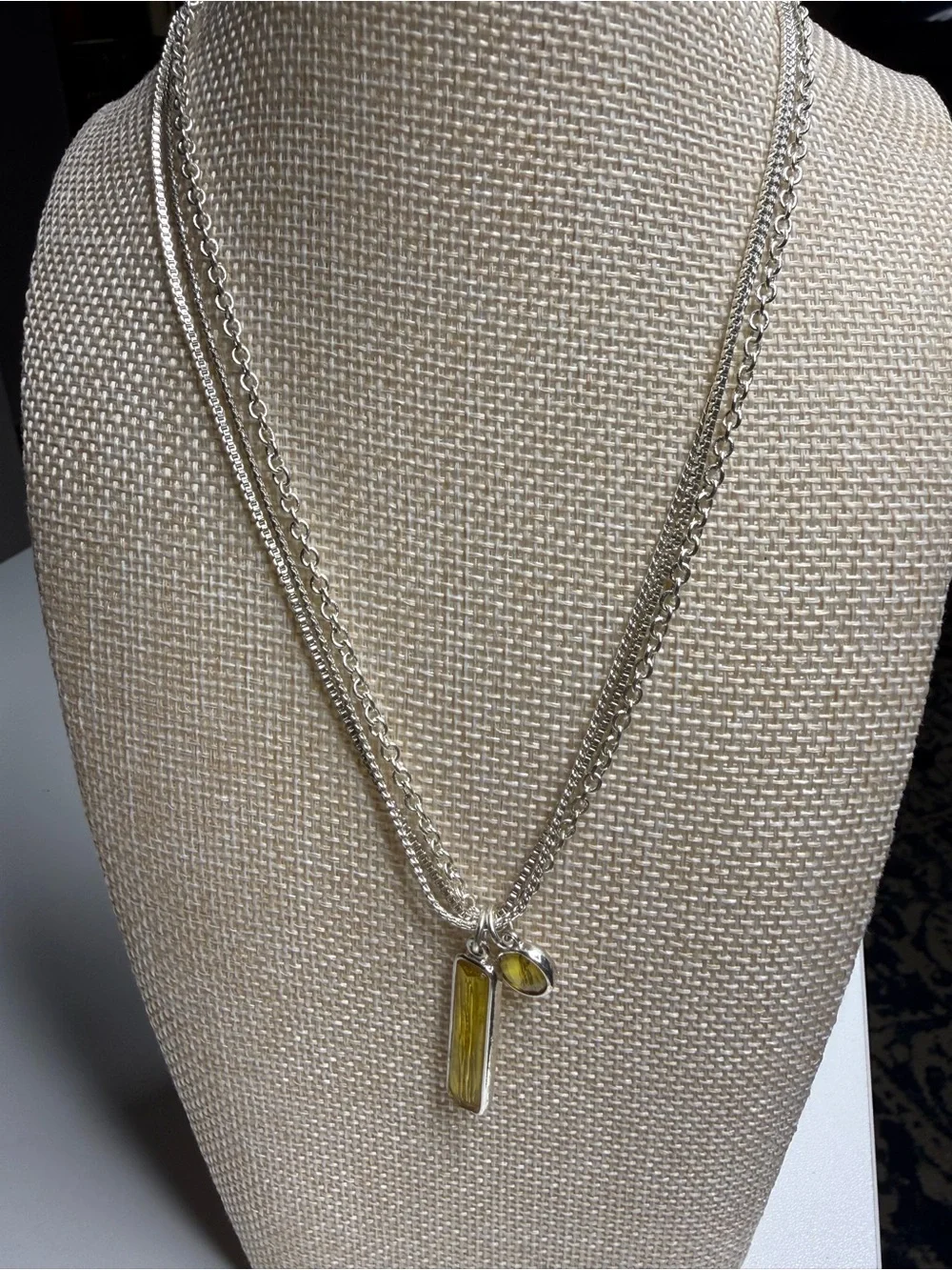 Apostrophe Triple Strand Silver Tone Necklace Yellow Crystal Pendant 16” Layered